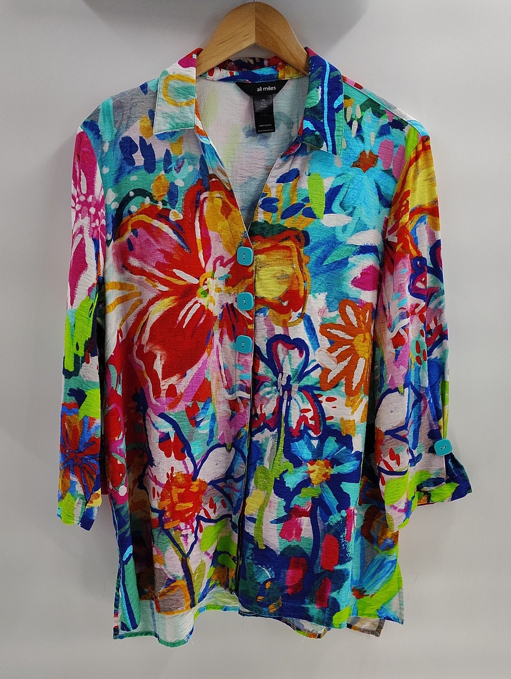 Ali Miles Button Down Blouse Size XL Vibrant Multicolor Floral Print 3/4 Sleeve